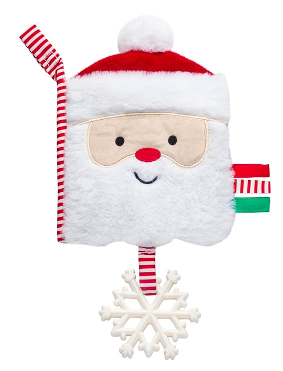 Soft Plush 5 inches Crinkle Activity Book with Teether, Satin Ribbons and Travel Strap, Santa Embroidery, Christmas Red