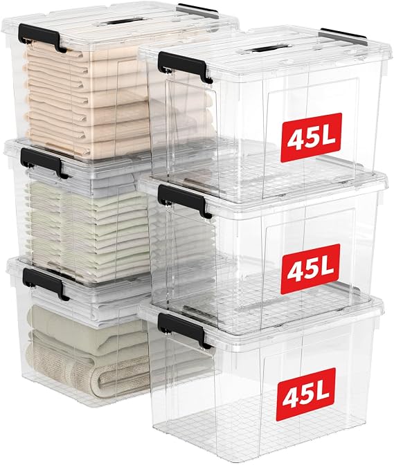 Cetomo 45L*6 Storage Boxes, Carry Plastic Storage Box with Lids, Clear Organizing Container with Handle and Secure Latches, Nestable & Stackable Tote Box for Home Office, 45L-6 Pack, Transparent