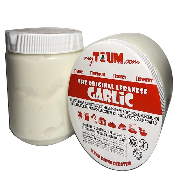 Toum Lebanese Garlic Sauce Paste Made in USA Toom Dip Mediterranean Chicken Fries Pizza BBQ Shish Tawook Shawarma Kabob Falafel Meat Gravy Dips Sauces, 12oz