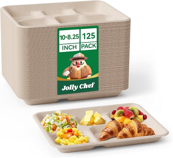 Compostable 5 Compartment 10*8.25*1 Inch 125 Pack Heavy Duty Paper Plates
