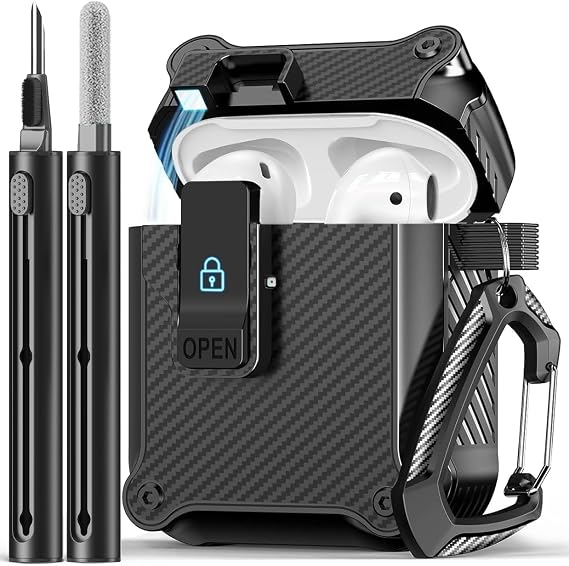 Pohgelan Compatible with AirPods 2 Case,Magnetic Automatic Lock with Phone Stand & Cleaning Kit,Compatible with Magsafe,Carbon Fiber Texture Cover -Black