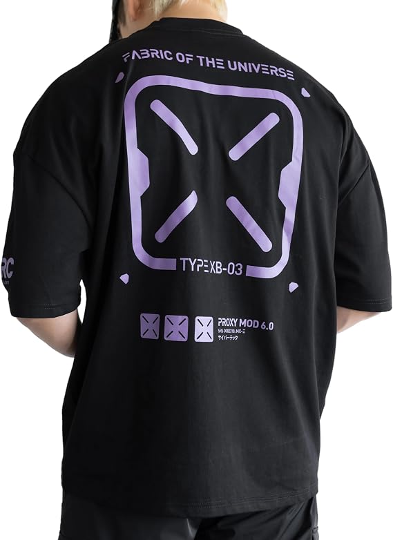 Fabric of the Universe Techwear Graphic Cyberpunk Fashion T-Shirt (Black/Purple XB-03, Medium)