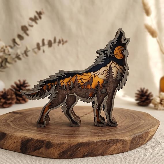 Drawelry 3D Wooden Animals Carving, Wood Carving Animals Wall Decor, Modern Festival Forest Sculpture Christmas Living Room Office Decor Birthday Gifts for Friend Daughter Son Mom Dad (Wolf)