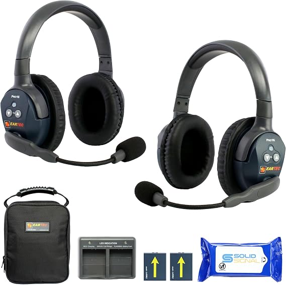 Eartec Ultralite PRO16 Wireless Intercom Headset System for 2 Users Long Range 1/2 Mile, Hands-Free Full Duplex, 10-Hour Battery, Dual Ear, Expandable to 16 with SolidSignal Cleaning Wipes