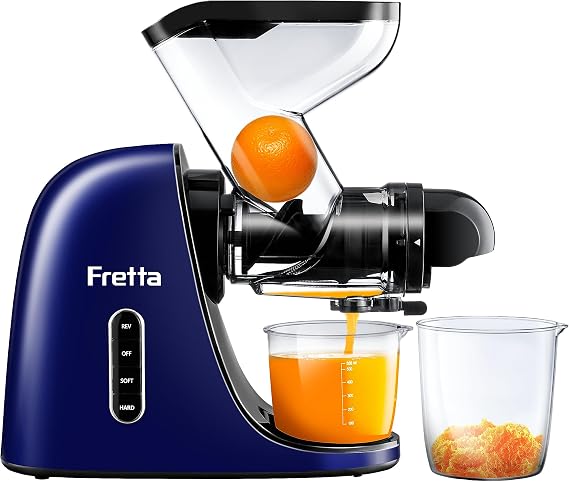 Fretta Juicer Machines, Cold Press Juicer, BPA Free Masticating Juicer Machines Vegetable and Fruit, 3-Inch Wide Feeding Chute, Easy to Clean,Quiet and Strong DC Power, 200W (Blue)