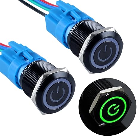 2Pcs 22mm Metal Latching Push Button Switch 12V-24V ON/Off 1NO 1NC Waterproof IP66 Black Shell with Wire Socket for 7/8 Mounting Hole Power Symbol Light (Green LED)