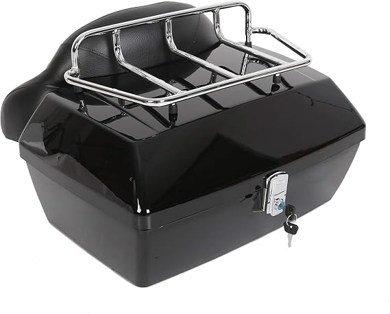 EGO Bike Black Motorcycle Luggage Trunk Compatible with Harley Honda Yamaha Suzuki Cruiser Motorcycle Luggage Tour Trunk Tail Box with Top Rack Backrest