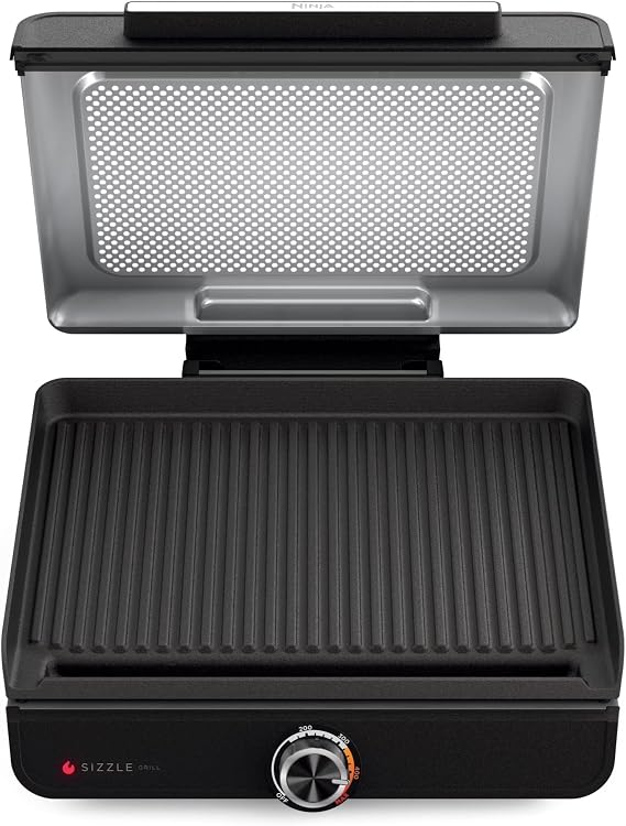 Sizzle GR100 Smokeless Indoor Grill, 500F High Heat Kitchen Grill with Nonstick 14-Inch Plate, Low-Smoke Technology, Edge-to-Edge Heating, Family-Sized Capacity, Countertop Cooking Tool.