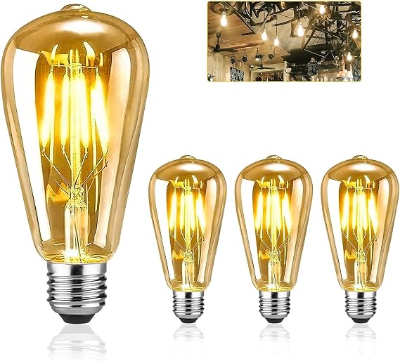 EYLM Edison Light Bulbs E27 Vintage Edison LED Light Bulbs 4W (Equivalent to 40W) 2700k Warm White, ST64 LED Bulbs Dimmable Led Filament Antique Style Retro Amber Glass Screw Lamp 3 Packs