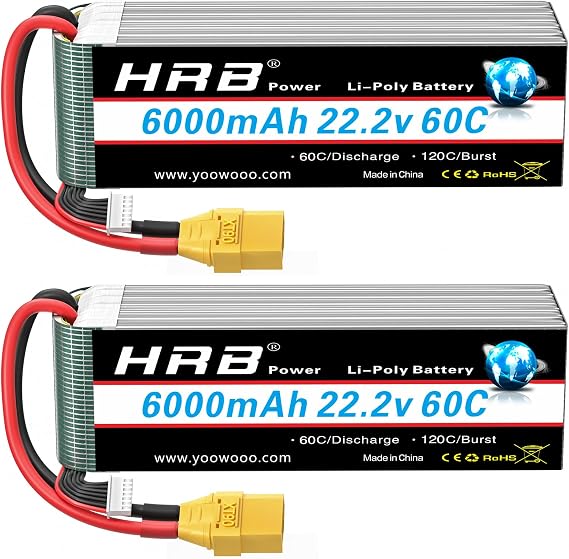 HRB 2pcs 6S 6000mAh Lipo Battery XT90 60C 22.2V RC Lipo Battery Compatible with RC Airlane Helicopter Quacopter Car Truck Boat