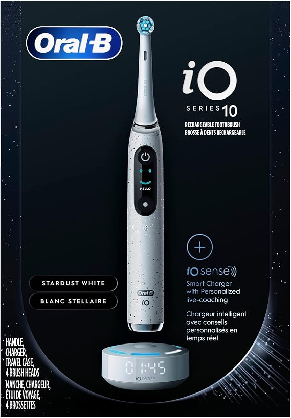 Oral-B iO Series 10 Rechargeable Electric Toothbrush with Visible Pressure Sensor to Protect Gums, 2 Min Timer, 7 Cleaning Settings, 4 Replacement Toothbrush Heads, and Charging Travel Case, White