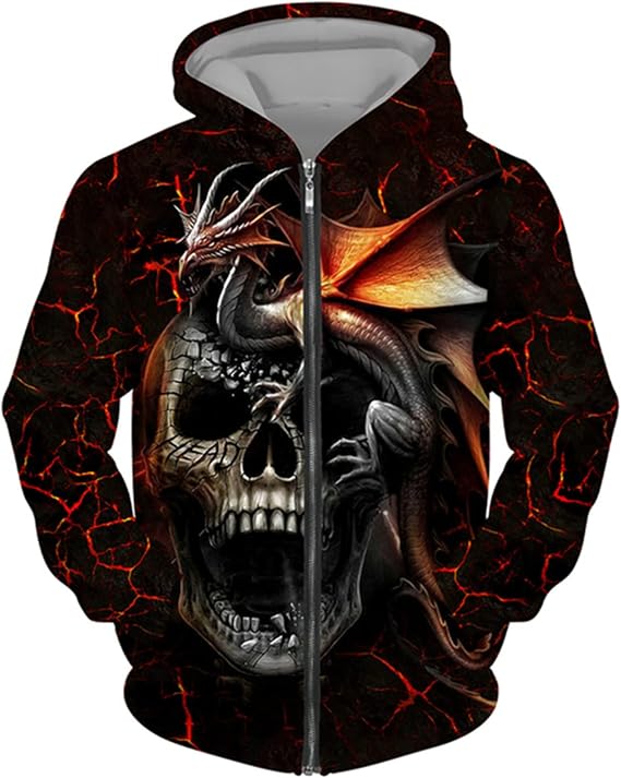 Men's Angel Skull 3D Printed Hoodies Fashion Hooded Sweatshirt Full Zip Hoodie Casual Jacket