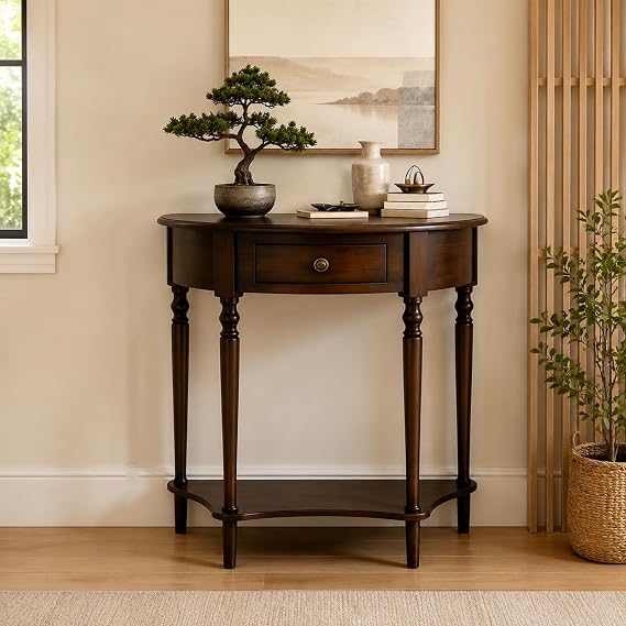 Half Moon Console Table with Drawer, Small Entryway Table