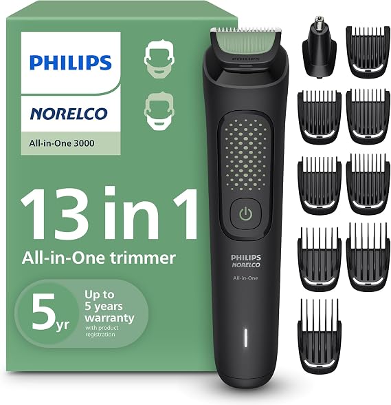 Norelco Philips Hepsi Bir Arada 3000 Serisi 13'ü 1 Arada Düzeltici, Sakal Şekillendirici ve Erkek Saç Kesme Makinesi, 9 Uzunluk Ayarı ve Kendiliğinden Bilenen Cilt Dostu Bıçaklar, MG3919/50