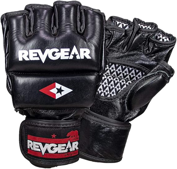 Revgear Pro Series Deluxe Leather MMA Glove | Gel Sparring Gloves | Double Padding | Extra Wrist Protection (Black, Large)