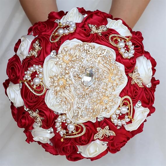 Red&Ivory Handmade Rhinestone Brooch Satin Bridal Bouquet 8.7inch Crystal Wedding Round Tossing Bouquet Artificial Flower Bunch with Diamond Pearl Ribbon