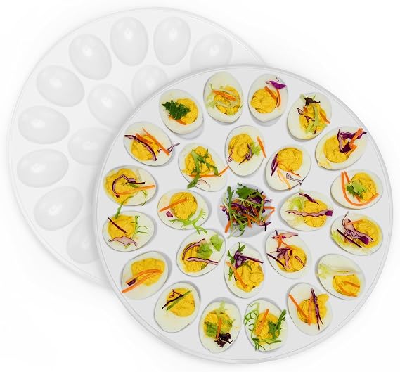 Deviled Egg Platter 2PACK, Deviled Egg Trays with 24 Slot Each, Egg Container for Party Display, Portable Easter Egg Holder, Dishwasher Safe Melamine, 12inch Diameter