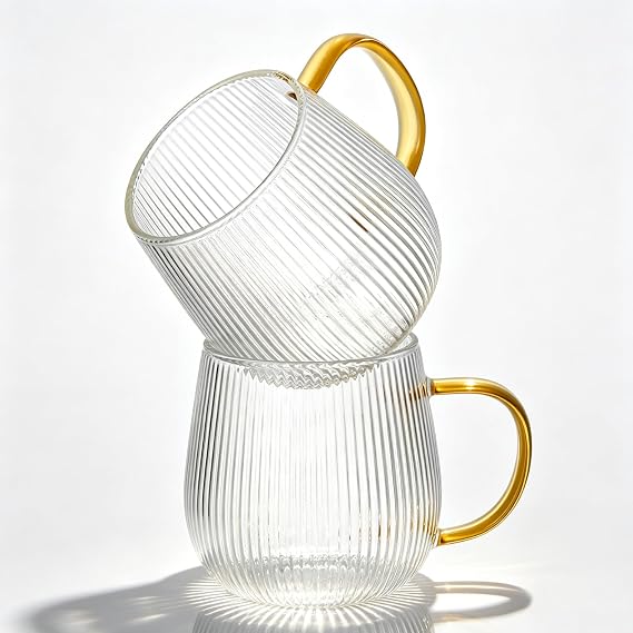 GLASKEY Borosilicate Glass Coffee Mugs Set of 2,12 oz Glass Coffee Cups with Vertical Stripes Pattern,Clear Tea Cup for Tea,Coffee,Latte,Hot and Cold Beverage,Christmas Thanksgiving Gifts