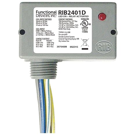 Functional Devices RIB2401D Pilot Relay, 10 Amp DPDT, 24 Vac/dc/120 Vac Coil, NEMA 1 Housing
