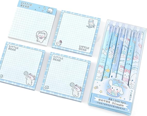 Shideshinシデシン 文房具10本セット、かわいい消せるゲルインクペン6本とかわいい付箋4本。学生へのギフト、パーティー、オフィス、学校用品。