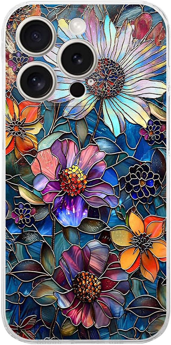 PrintiFy iPhone 15 Pro ile Uyumlu Vitray Mücevher Flora Tasarımlı Şeffaf Silikon Kılıf