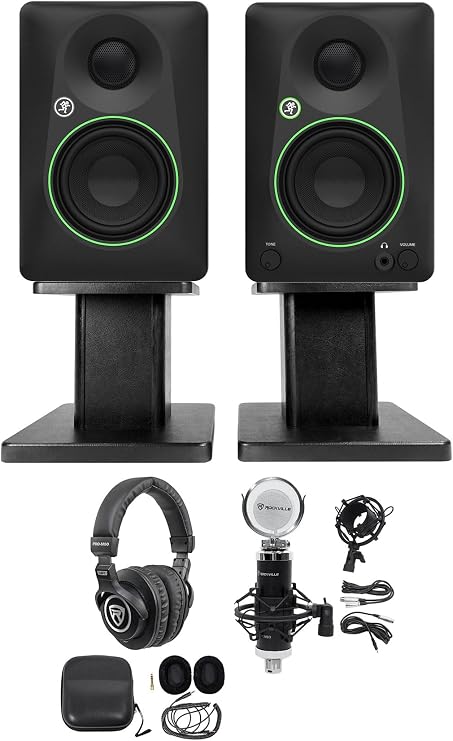 Audiosavings Bundle: Pair of Mackie CR3.5 3.5" Studio Monitors Bundle with Rockville PRO-M50 Studio Headphones, Rockville RCM03 Pro Studio Microphone, Pair of Rockville RHT8B Monitor Stands (4 Items)