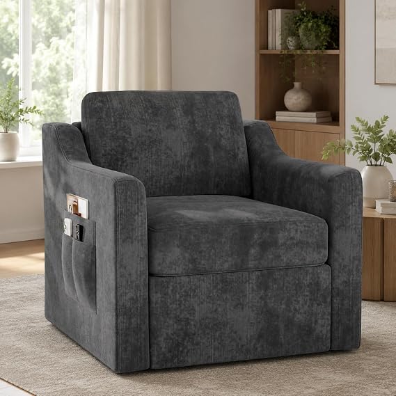 360 Swivel Accent Chair, Comfy Armchair with Pillow, No-Sag Foam & Sturdy Metal Base, Square Single Sofa Chair for Living Room, Bedroom, Reading, Nursery, Office, Lounge, Black