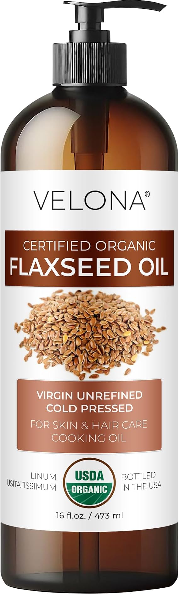 velona USDA Organic Flaxseed Oil - 16 fl oz, Cold Pressed, with Pump