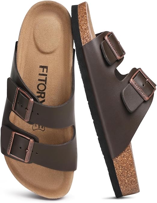 FITORY Mens Leather Sandals, Cork Footbed Slides for Summer