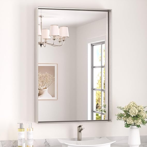 Keonjinn 24x36 Inch Nickel Bathroom Mirror for Over Sink, Rectangular