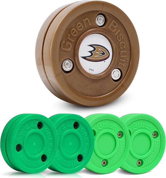 Green Biscuit 4-Pack Off Ice Hockey Pucks - 2 Original Passer and 2 Snipe New 2.0 Puck, Street Hockey Puck for Passing, Stickhandling and Shooting, Plus 1 NHL Puck-Official
