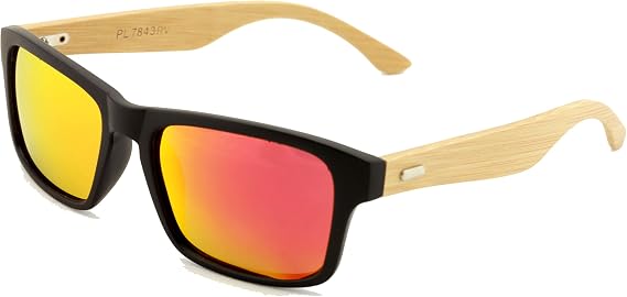 Rectangular Genuine Real Bamboo Wood Polarized Sunglasses With Reflective Mirror Tint