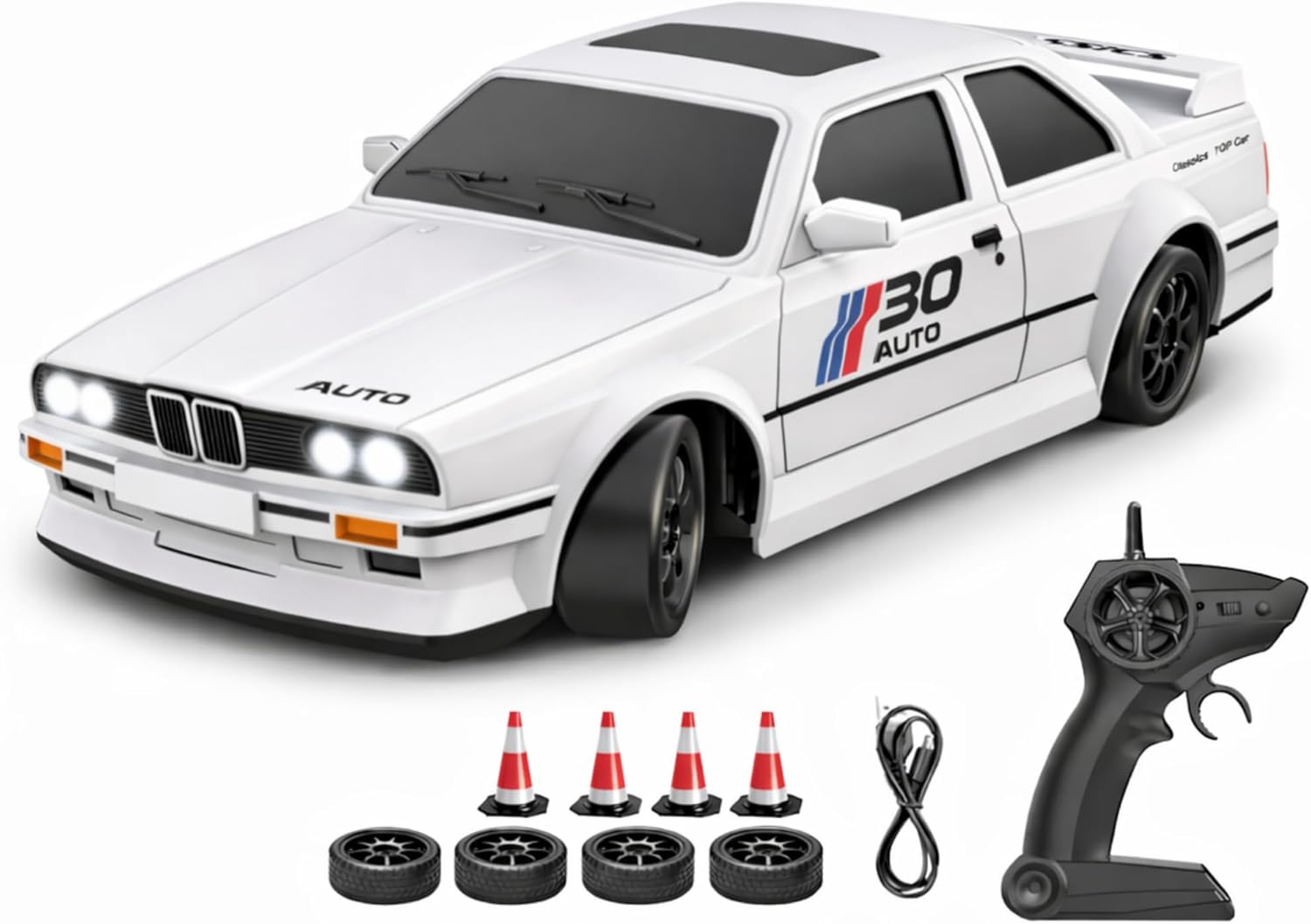 GiffyOyuncak BMWW E30 Drift Araba 4x4 Uzaktan Kumandalı Araba 2.4GHz Şarjlı LED Işıklı 15 Km Hız Araba Beyaz