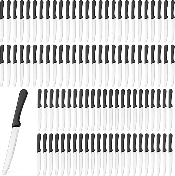 Zhehao 100 Pcs Steak Knives Bulk 8.39 Inch Rounded Serrated Blade, Black