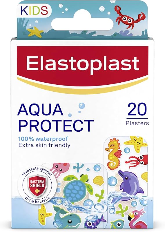 Elastoplast Aqua Protect Kids Plasters (20 Strips), 100% Waterproof and Flexible Plasters with Colourful Marine Designs for Minor Wounds, for Children