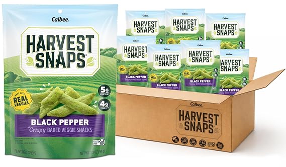 Harvest Snaps Veggie Chips (Black Pepper Snack Crisps) | Powered by Plant Protein, Gluten Free, Non-GMO Baked Vegetable Crisps | Made in USA (8 Snack Packs)