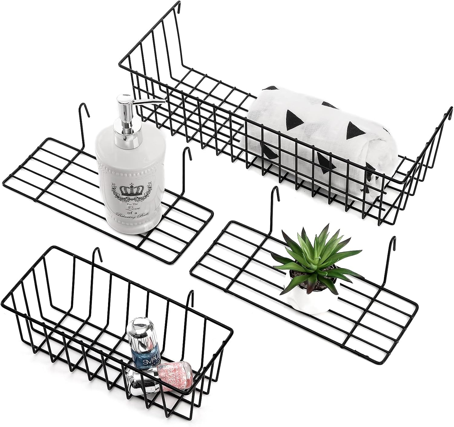 Cedilis Set of 4 Wall Grid Basket, Wire Straight Shelf, Metal Wall Grid Panel Basket, Display Hanging Basket Shelf Storage Rack for Wall Decoration Room Desk Storage Organizer, 2 Wire Basket & 2 Shelf
