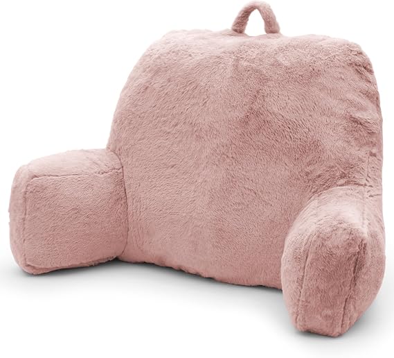 Reading Pillow with Arms, Shredded Memory Foam Back Pillow for Bed Sitting Up - Sit Up Backrest Support for Reading & Rest Bed - Washable Cover, Adjustable Comfort, Pink