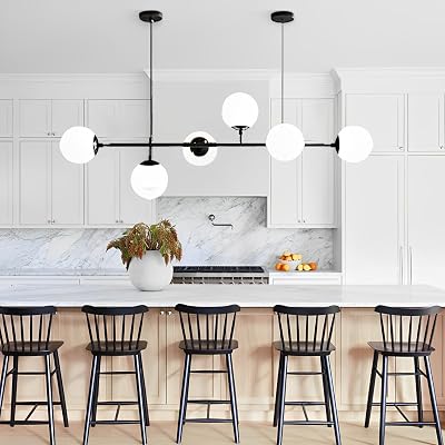 Modern Linear Chandelier 6-Lights Glass Globe Pendant Light White and Black Pendant Lamp Mid Century Rectangle Chandelier Island Lights for Kitchen Dining Room Living Room