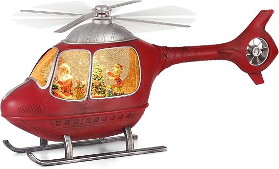Greluna Helicopter Christmas Snow Globe, USB or Battery Operated Sparkly Glitter Snow Globe Lantern with Musics for Christmas Decorations and Snow Globe Collection(RED
