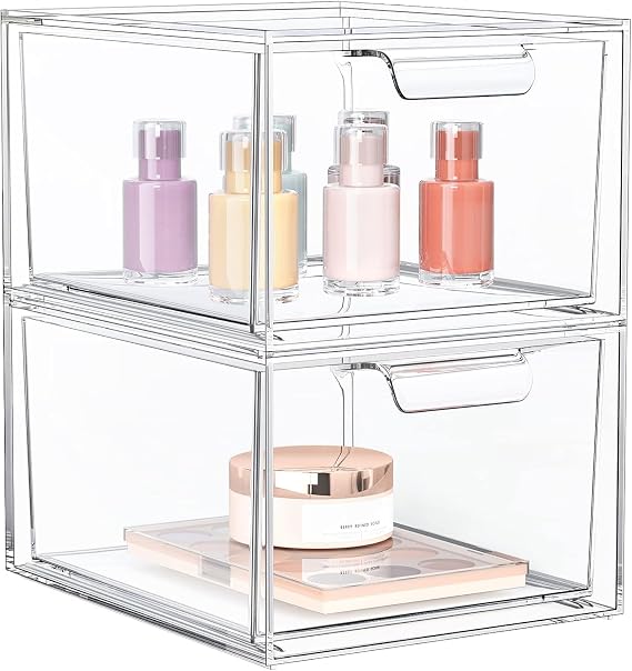 2 Pack Stackable Acrylic Makeup Organizer, Clear Storage Drawers