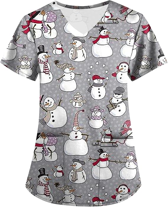 Christmas Scrubs Tops for Women Plus Size Stretchy Short Sleeve V Neck Snowman Printed Nurse Scrub Medical Uniform