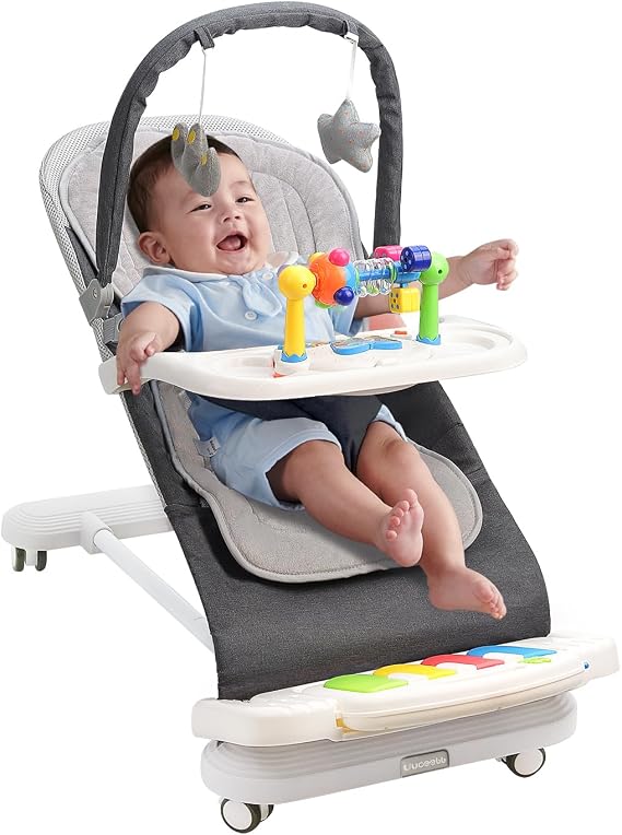 Baby Bouncer, Baby Rocker with Feeding Tray, Removable Bar, Thickened Cushion and Wheels. 4-Level Adjustable Bouncer Chair for Infants 0-18 Months (Grey)