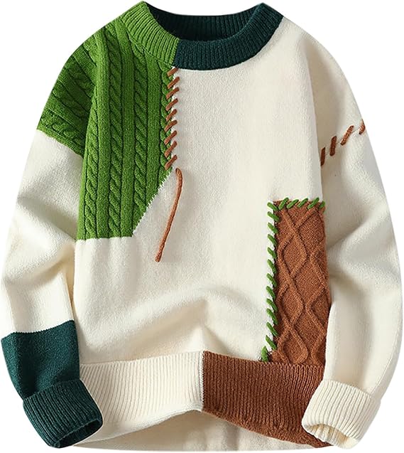 uhnmki Patchwork Sweater Mens Colorblock Jumper Cable Knitted Pullover Oversized