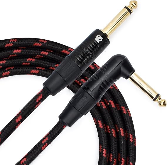 KLIQ Guitar Instrument Cable, 10 Ft - Custom Series with Premium Rean-Neutrik 1/4" Straight to Right Angle Gold Plugs, Black/Red Tweed
