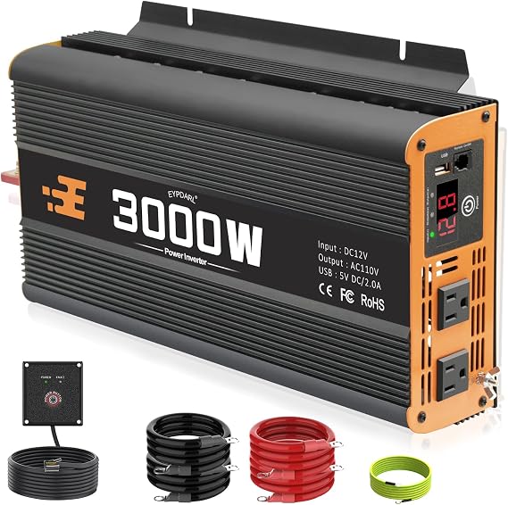 3000 watt car Power Inverter with Remote Controller, 12v dc to 110v ac Modified Wave Power inverters for Vehicles, Ideal for Home, Emergency, Camping, rv, Truck, and Travel Inverter 3000w