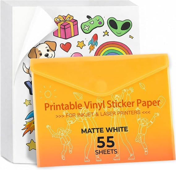 JANDJPACKAGING Printable Vinyl for Inkjet Printer - 55 Pack Matte White Printable Vinyl Sticker Paper Dries Quickly Vivid Colors, Holds Ink Well, Tear Resistant, Inkjet & Laser Printer