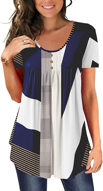 BeadChica Women's Tunic Tops For Leggings Short Sleeve Shirts Botton Up Casual Ruched Blouses Clothing