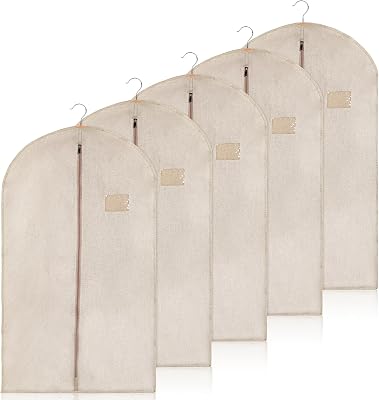 5 Packs Cotton Garment Bag for Hanging Clothes, 40 Breathable Hanging Suit Cover, Linen Garment Bags for Clothes Coats, Leather Jackets, Sweaters and Closet Storage