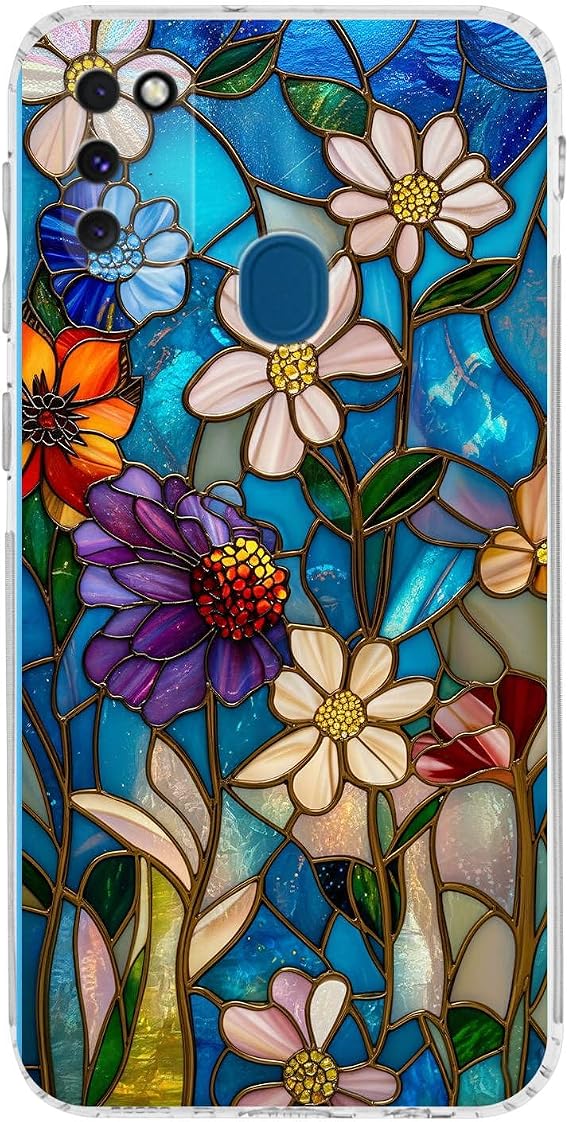 PrintiFy Samsung Galaxy M21 ile Uyumlu Vitray Mavi Bahar Tasarımlı Şeffaf Silikon Kılıf